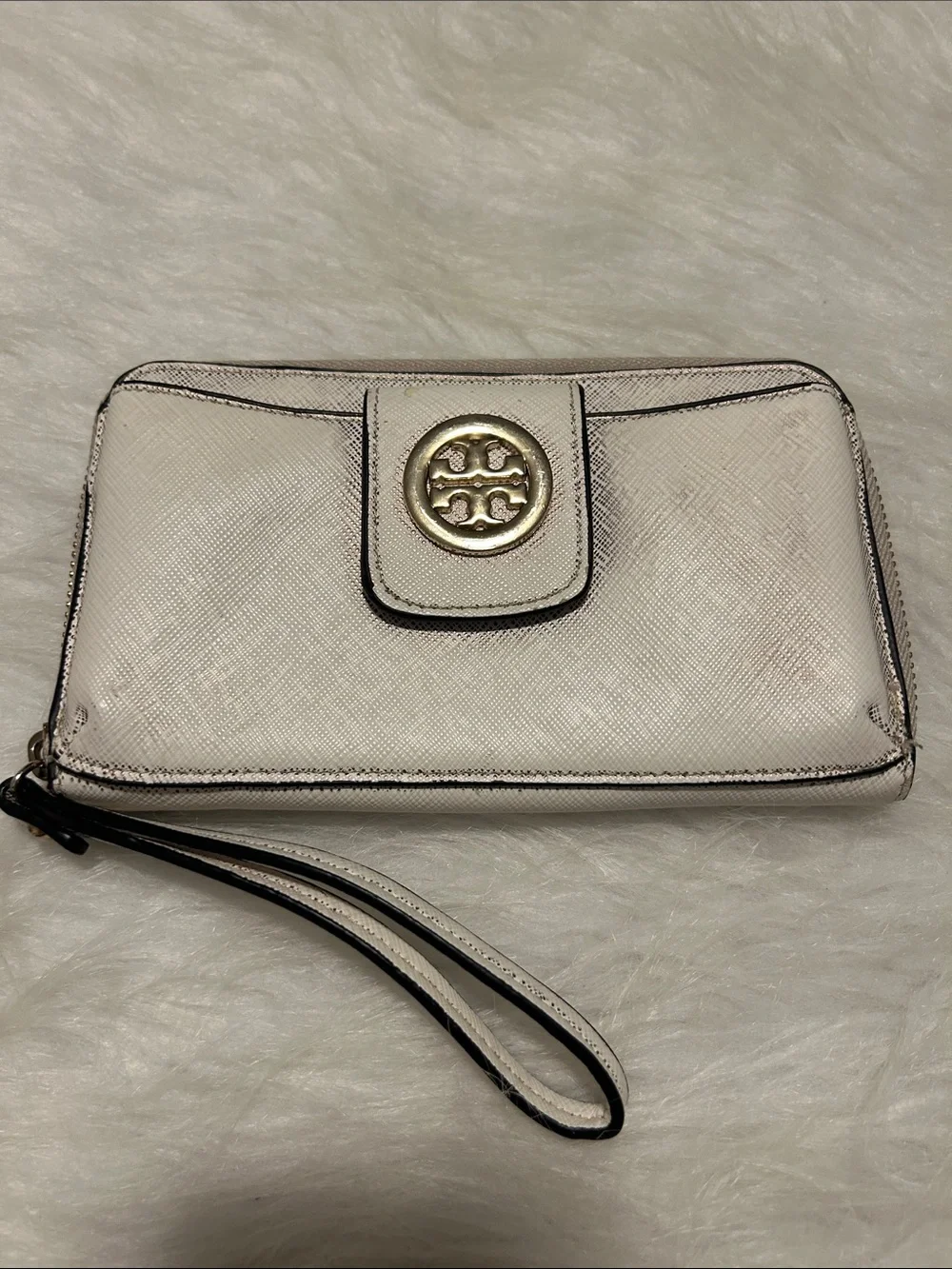 Tory Burch Cream Leather Wristlet with Gold Logo